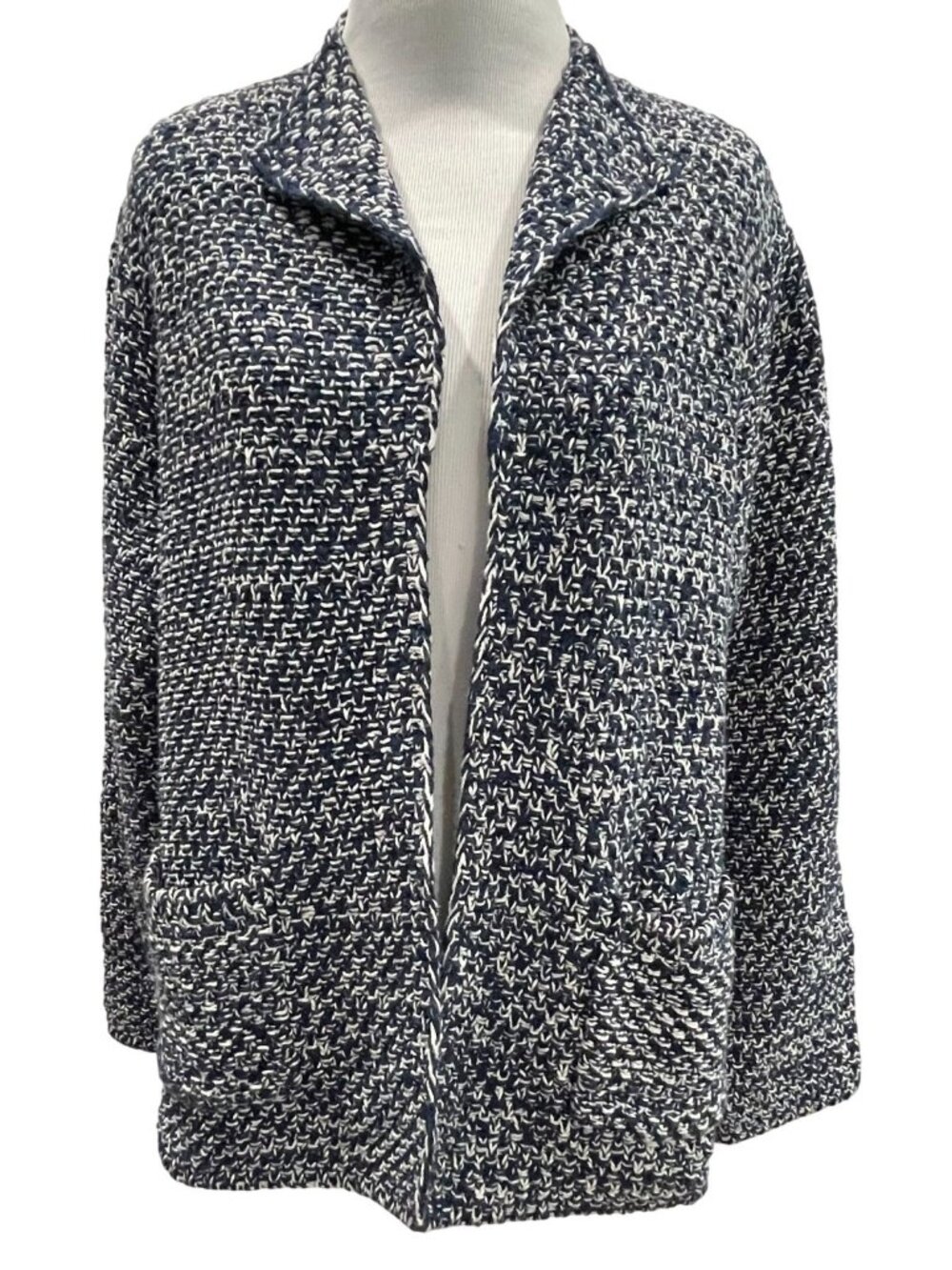 Orvis Textured Open Front Cardigan L Navy White Casual Heavyweight Layers Work